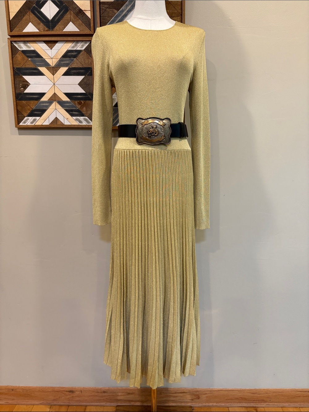 Ralph Lauren Collection Lurex Knit Pleated Midi Dress Metallic Gold Medium